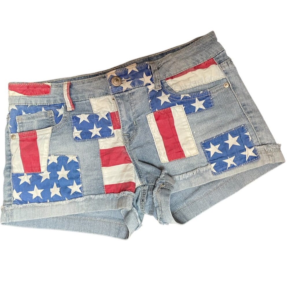 l.e.i. Ashley Low Rise Red White Blue American Flag Jean Shorts Juniors 9